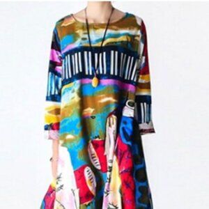 AUDATE Sz XL Colorful Cotton/Linen Maxi Kaftan Dress Made in Libya